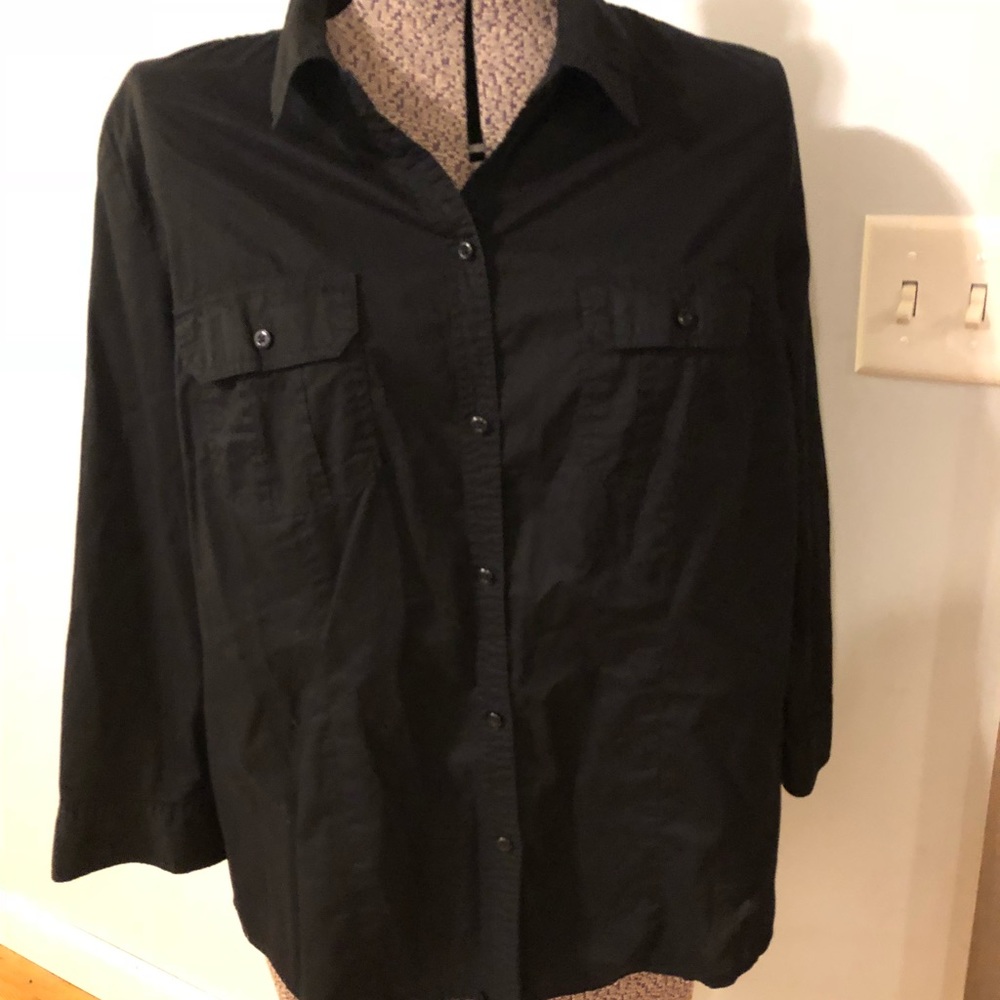 Black Roll Tab Blouse Cargo Pockets Button Front